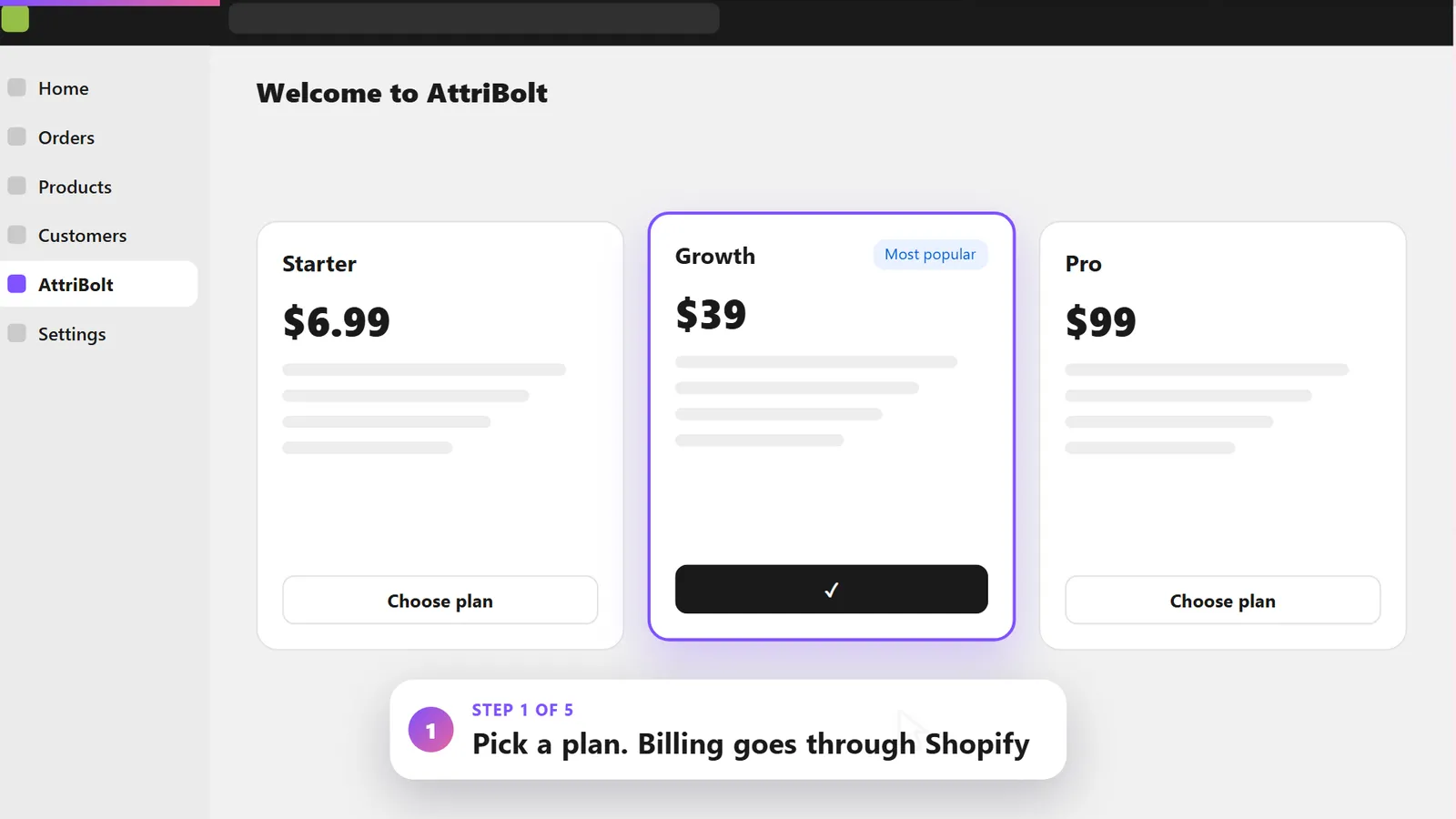Setup walkthrough, step 1: pick an AttriBolt plan; billing goes through Shopify