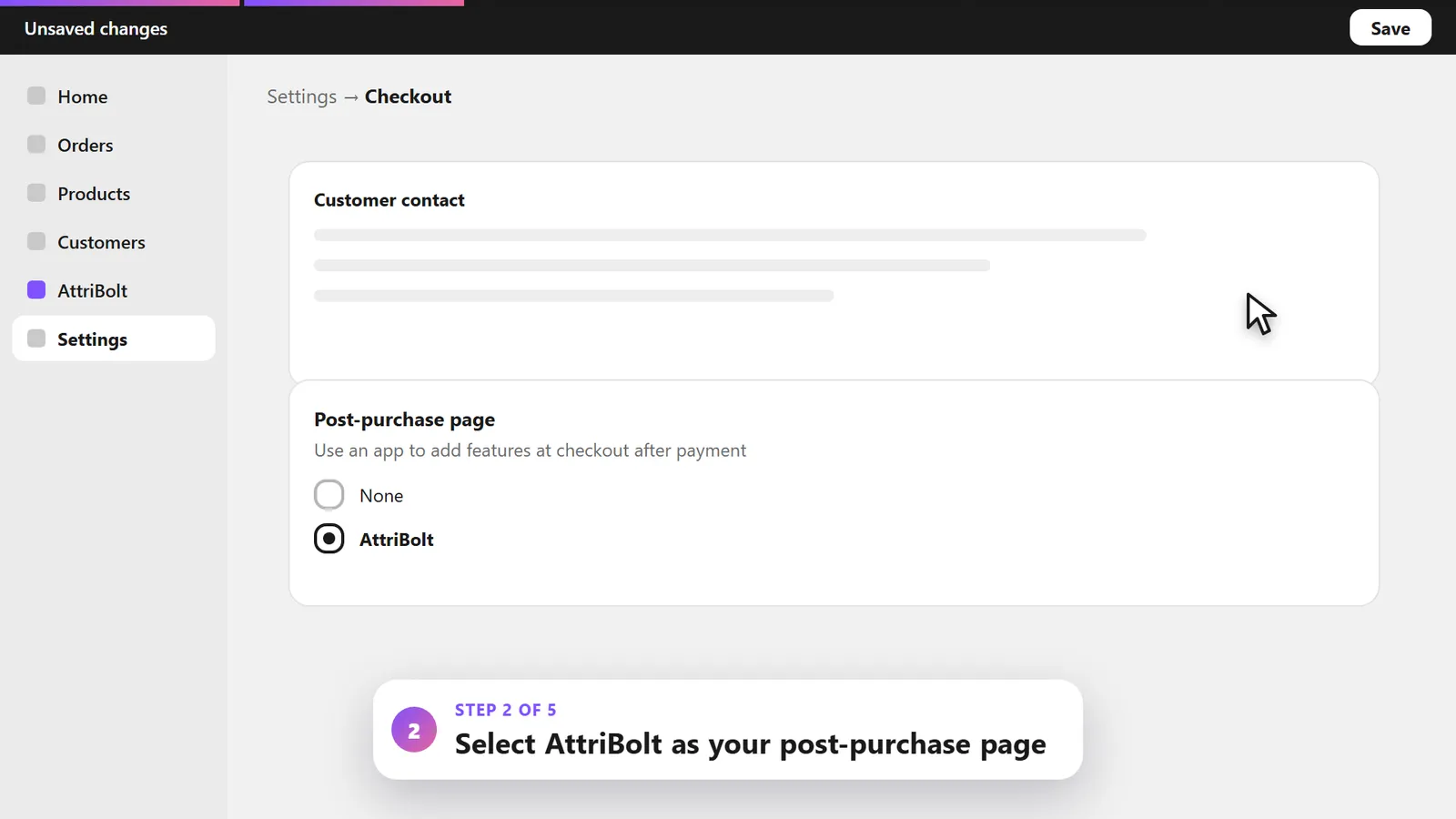 Settings, Checkout: AttriBolt selected as the post-purchase page