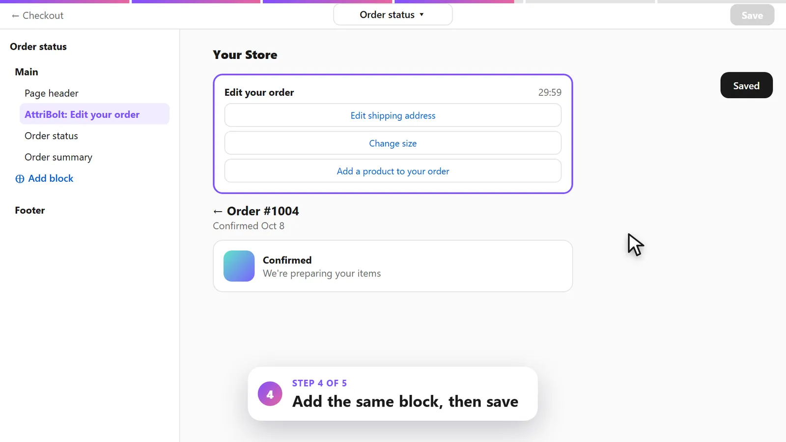 Checkout editor: the same block added to the Order status page